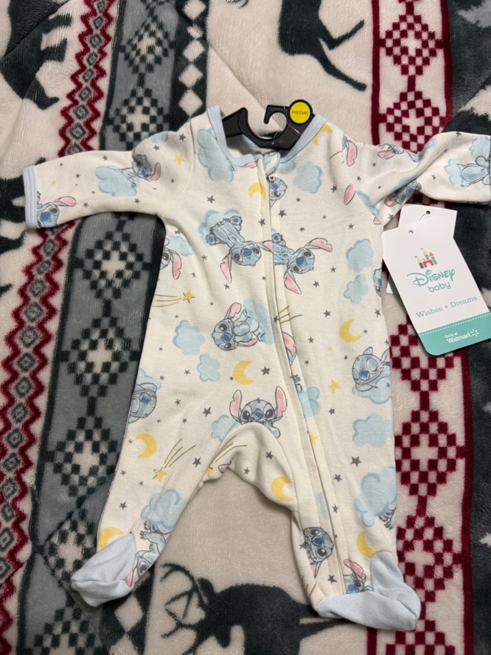 Disney Baby Cream Footed One-Piece with Blue Stitch Print and Yellow Accents